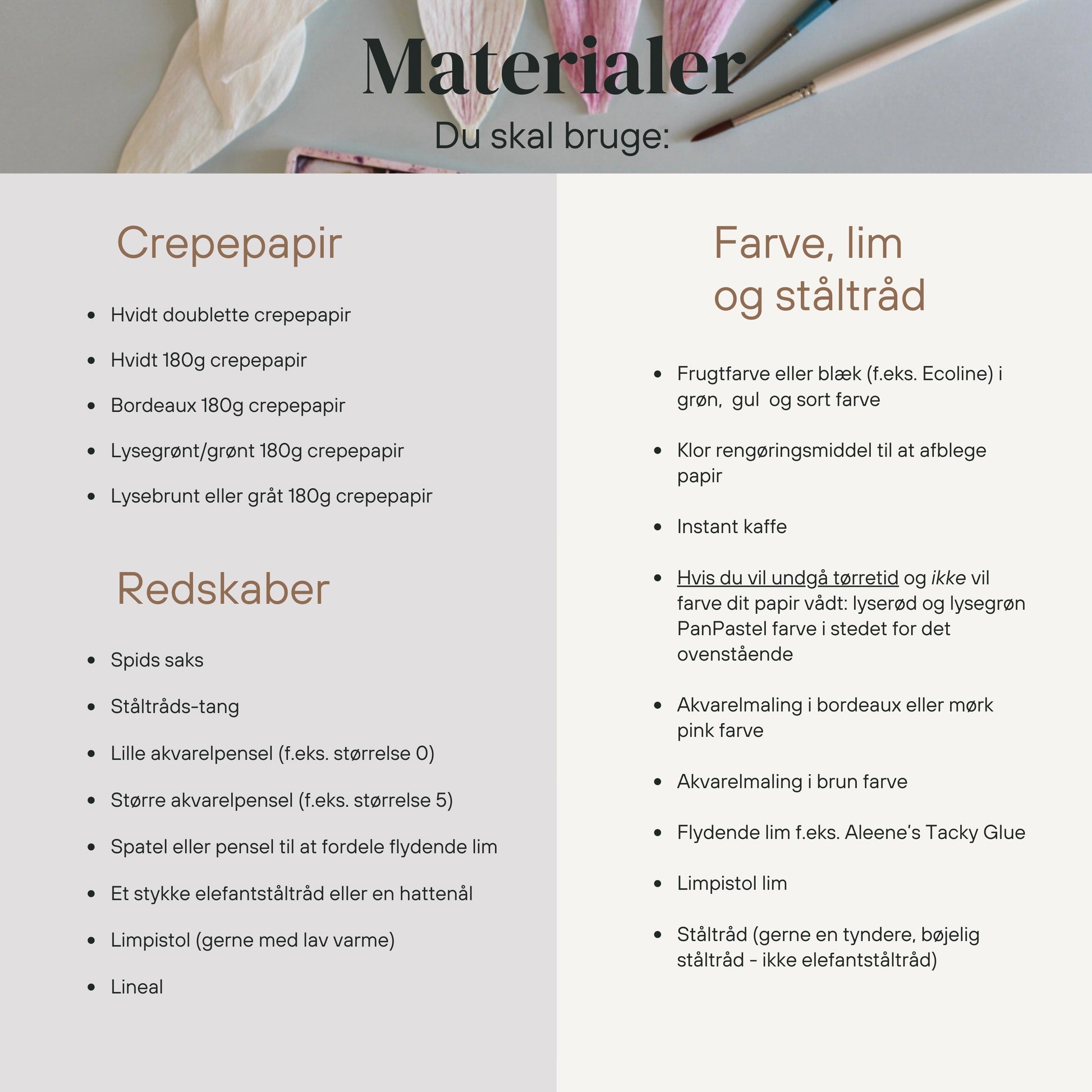 Papirblomst opskrift materialer